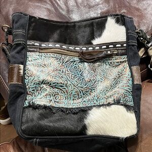 Myra Bag Black and Brown Crossbody with Turquoise Accent